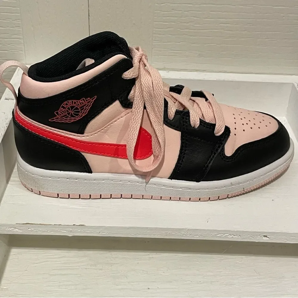 Nike Air Jordan 1 Mid GS Atmosphere Shoes Black Pink Crimson Kids 1Y